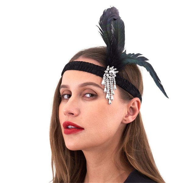 Jewelled Black Feather Flapper Headband – 1920s Great Gatsby Accessory - Everything Party