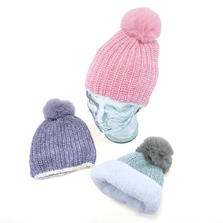 Kids Heat Control Beanie Thermal Lined Pom Pom Chenille & Ribbed - Everything Party