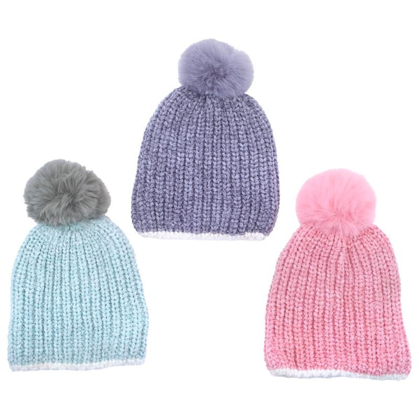 Kids Heat Control Beanie Thermal Lined Pom Pom Chenille & Ribbed - Everything Party