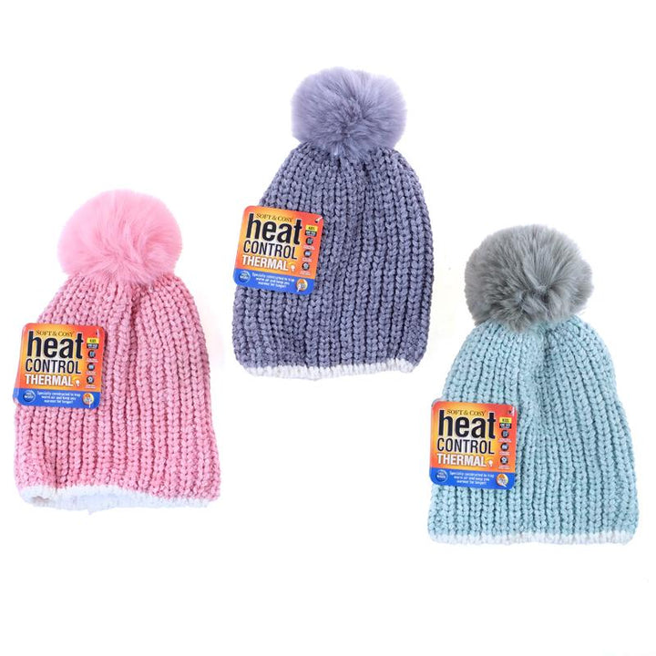 Kids Heat Control Beanie Thermal Lined Pom Pom Chenille & Ribbed - Everything Party