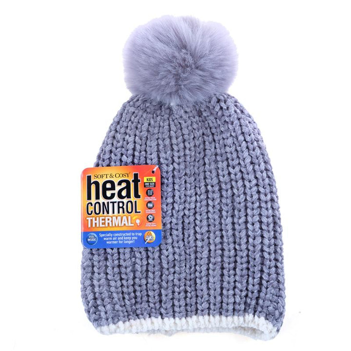 Kids Heat Control Beanie Thermal Lined Pom Pom Chenille & Ribbed - Everything Party