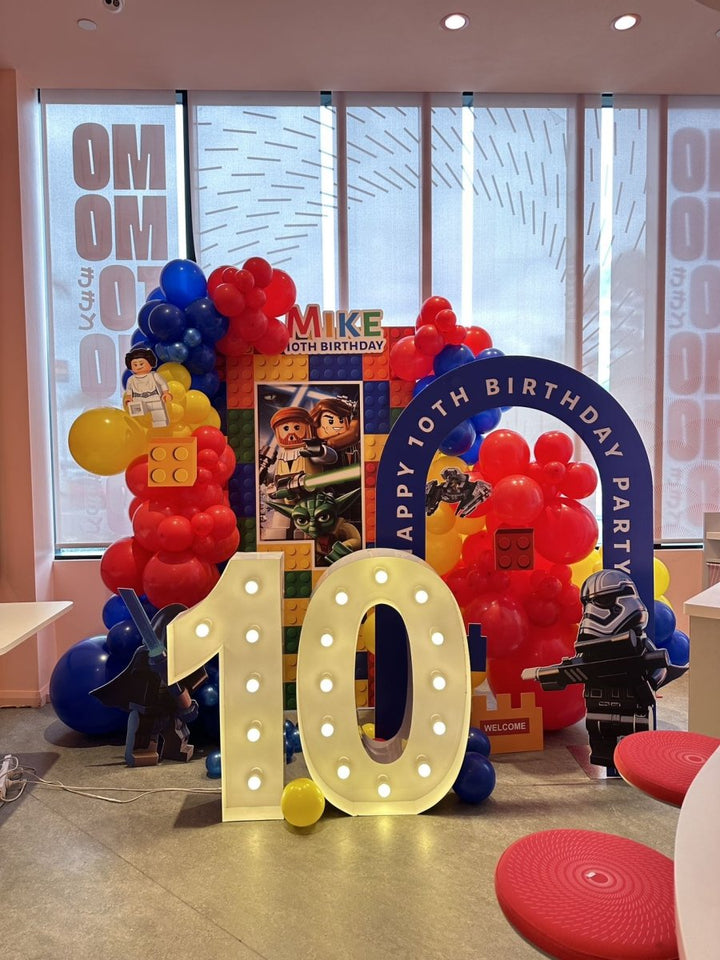 Lego Theme Balloon Decoration with Customized Backdrop And LED Light Up Numbers - Everything Party