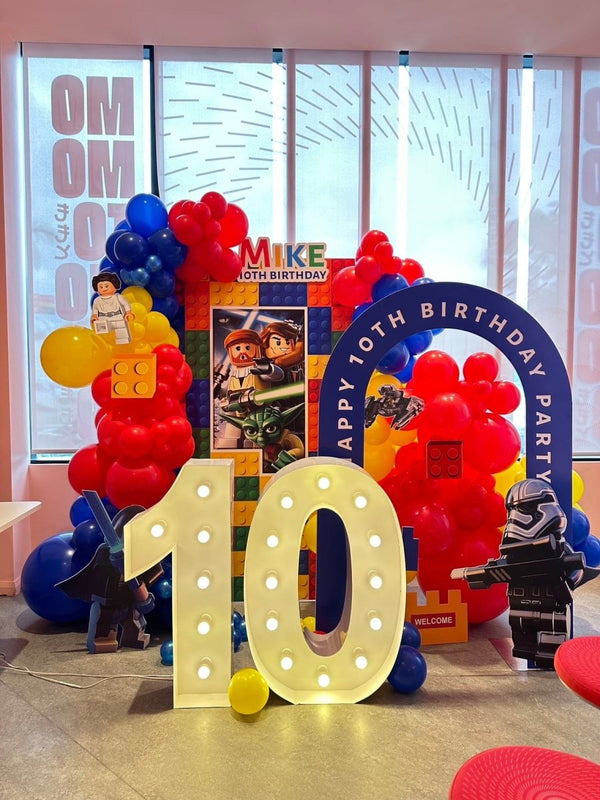 Lego Theme Balloon Decoration with Customized Backdrop And LED Light Up Numbers - Everything Party