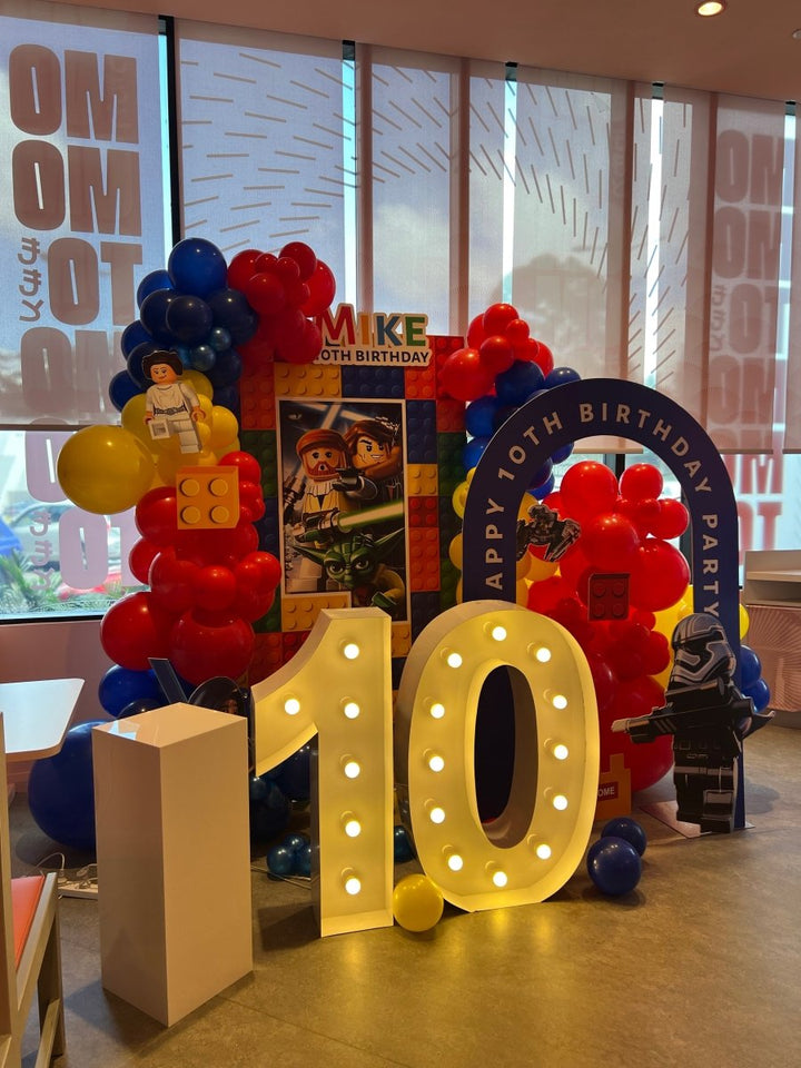 Lego Theme Balloon Decoration with Customized Backdrop And LED Light Up Numbers - Everything Party