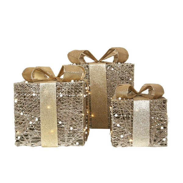 Set of 3 Gold Glitter Wire LED Gift Boxes – Light - Up Christmas Decorations - Everything Party