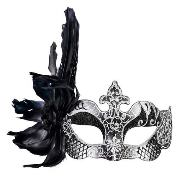 Silver & Black Feathered Masquerade Eye Mask - Everything Party