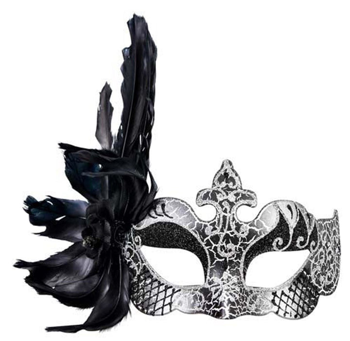 Silver & Black Feathered Masquerade Eye Mask - Everything Party