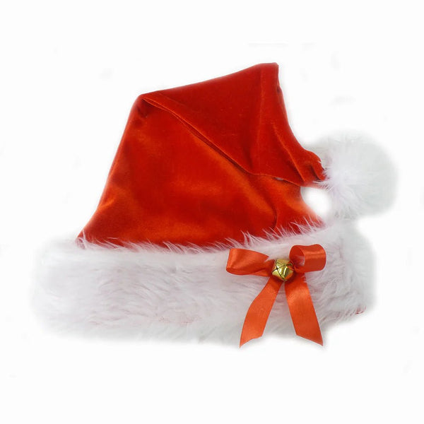 Velvet Adult Santa Hat with Pom Pom, Bell & Bow – Christmas Costume Accessory - Everything Party