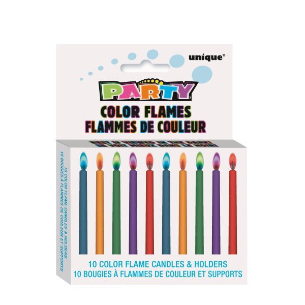10 Colour Flame Candles With Holders - Everything Party