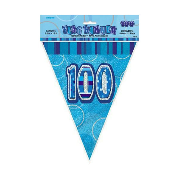 100th Birthday Flag Banner (Blue, Pink, Black) - Everything Party
