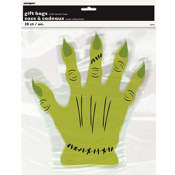 10pk Halloween Green Monster Hand Shape Cello Bags