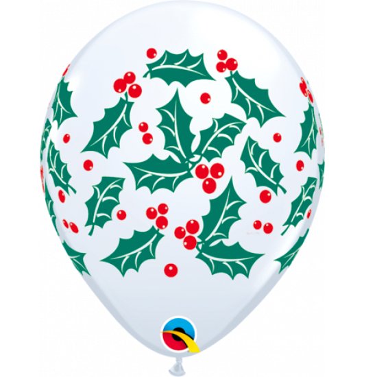 11" Qualatex Christmas Printed Holly & Berry Latex Balloon - Everything Party