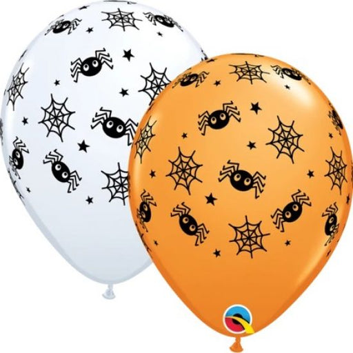 11" Qualatex Printed Latex White & Orange Spiders Webs and Stars - Everything Party