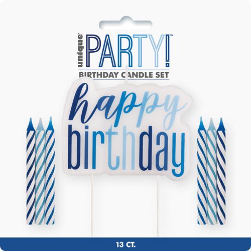 12 Spiral Candles With Happy Birthday Cake Decoration - Blue - Everything Party