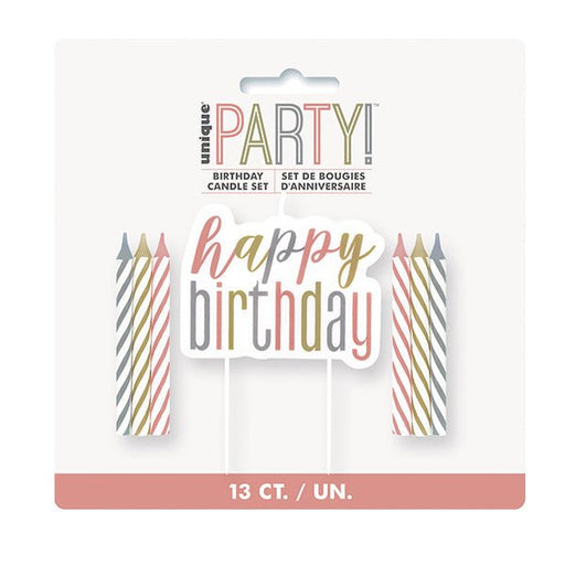 12 Spiral Candles With Happy Birthday Cake Decoration - Rose Gold - Everything Party