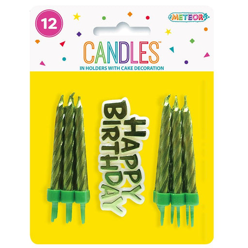 12pk Birthday Candles with Cake Decoration - Green - Everything Party