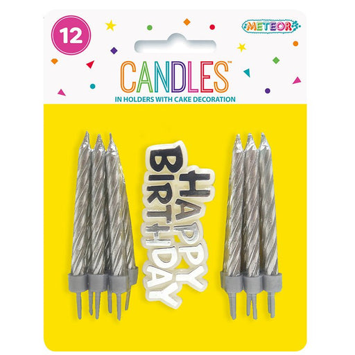 12pk Birthday Candles with Cake Decoration - Silver - Everything Party