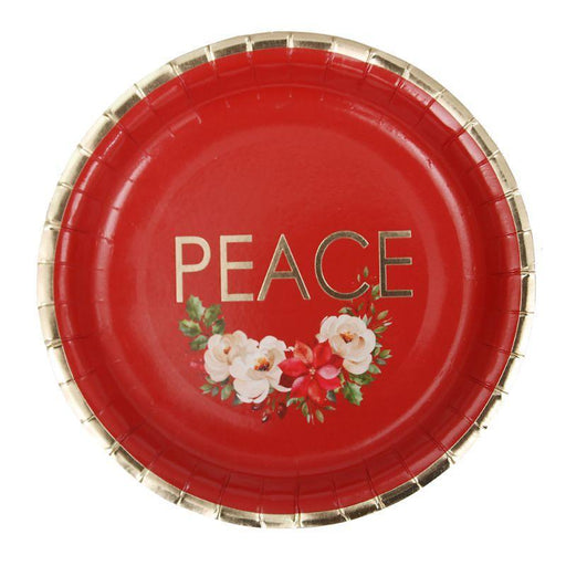12pk Christmas Foil Paper Plates - Red Peace with Flowers - Everything Party
