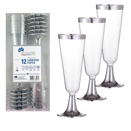 12pk Deluxe Metallic Silver Trimmed Plastic Champagne Glass - Everything Party