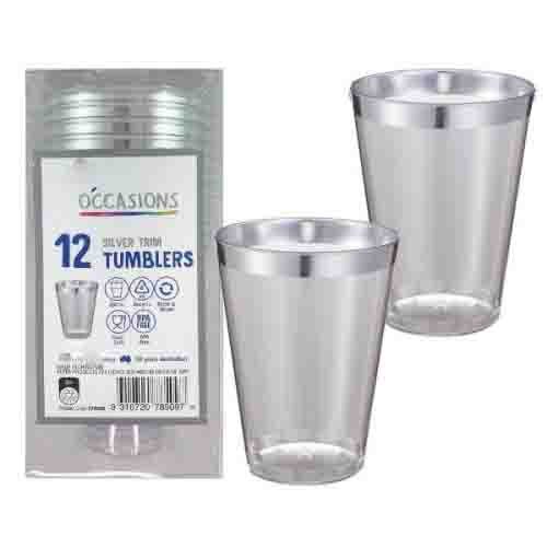 12pk Deluxe Metallic Silver Trimmed Plastic Tumblers - Everything Party