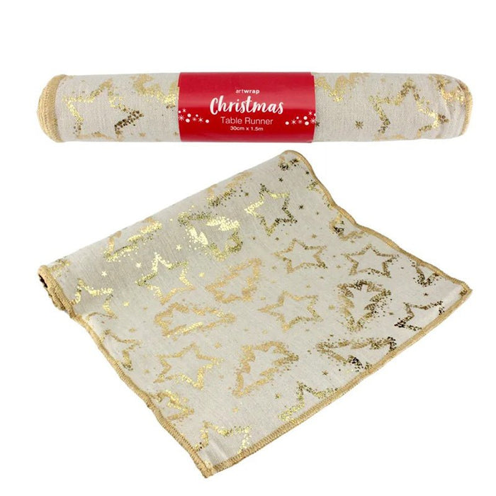 1.5m Foil Gold Star Linen Christmas Table Runner - Everything Party