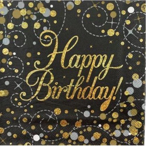 16pk Sparkling Fizz Black Gold Luncheon Napkins - Happy Birthday - Everything Party