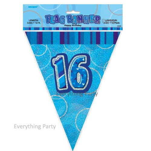 16th Birthday Flag Banner (Blue, Pink, Black) - Everything Party