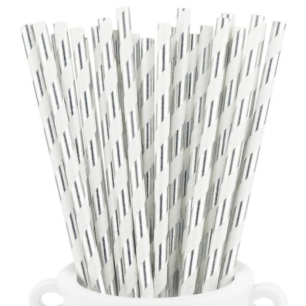 20pk Paper Straws - Metallic Sliver Stripe - Everything Party