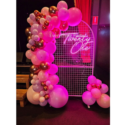 21st Birthday Balloon Garland with Round Top Mesh Backdrop and Neon Sign - Everything Party