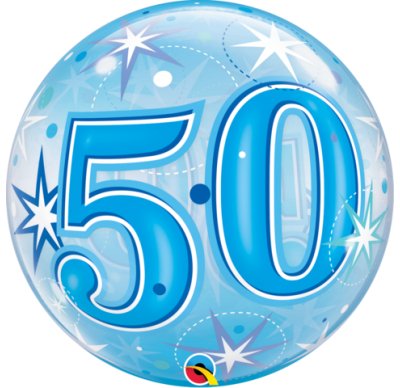22" Qualatex 50th Birthday Star Burst Blue Bubbles Balloon - Everything Party