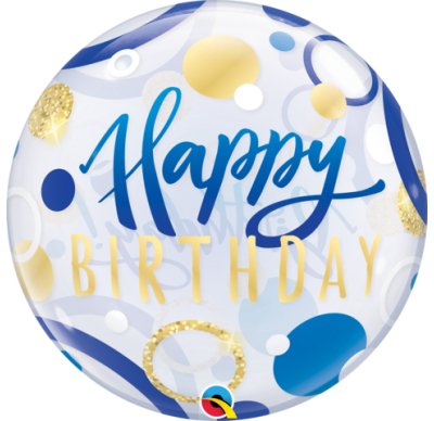 22" Qualatex Birthday Blue & Gold Dots Bubbles Balloon - Everything Party