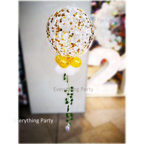 24" Super Clear Round Gold & White Confetti Balloon Arrangement with Leaves - Everything Party