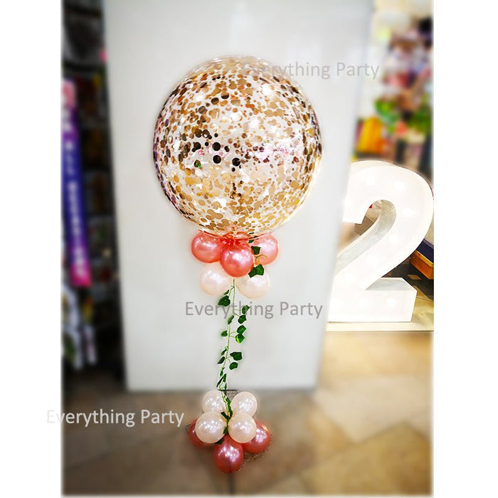 24" Super Clear Round Rose Gold Confetti Balloon Arrangement with Leaves - Everything Party