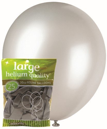 25pk Decorator Helium Quality Latex Balloons 30cm - Metallic Silver - Everything Party