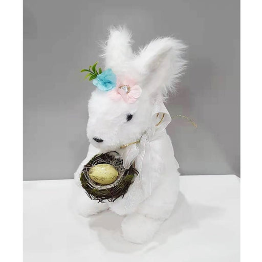 26cm White Plush Easter Rabbit with Nest and Flowers - Everything Party