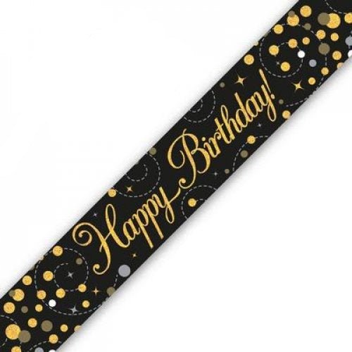2.7m Holographic Gold & Black Happy Birthday Foil Banner - Everything Party