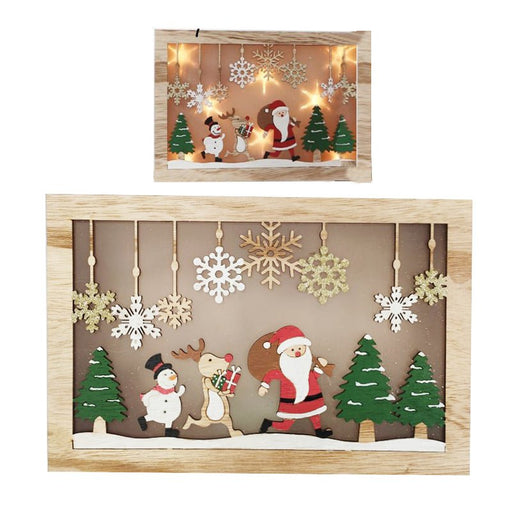 28cm Wooden Light Up Frame with Santa Reindeer and Snowman - Everything Party