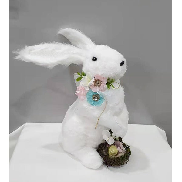 29cm White Plush Easter Rabbit with Nest and Flowers - Everything Party