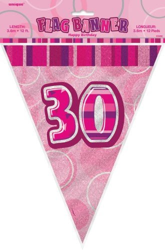 30th Birthday Flag Banner (Blue, Pink, Black) - Everything Party