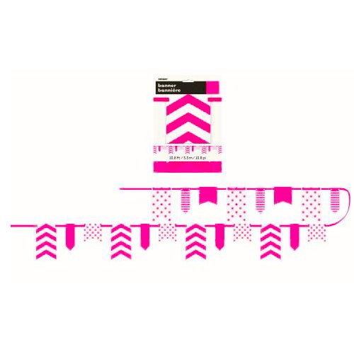 3.3m Dots, Stripes & Chevron Paper Pennant Banner - Hot Pink - Everything Party