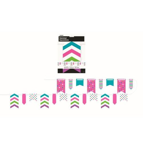 3.3m Dots, Stripes & Chevron Paper Pennant Banner - Multi Colour - Everything Party