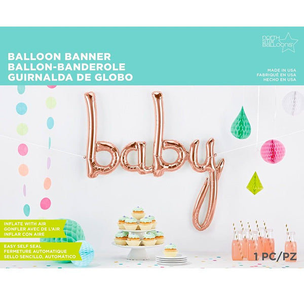 34" Script 'baby' Air-Filled Foil Balloon Banner - Rose Gold - Everything Party