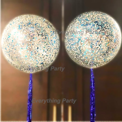 3ft Confetti Balloon with Foil Curtain - Blue, White and Silver Confetti - Everything Party