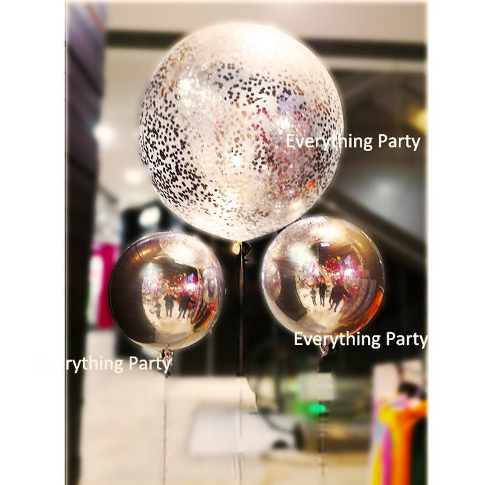 3ft Silver Confetti Balloon & Silver Orbz Round Balloon Bouquet - Everything Party
