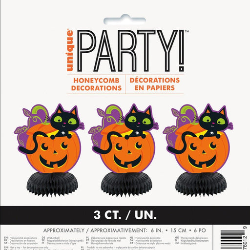 3pk Cat & Pumpkin Halloween Mini Honeycomb Decorations - Everything Party