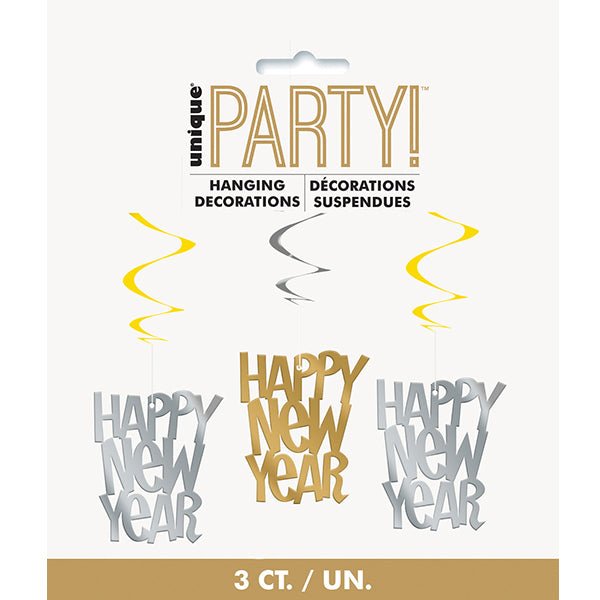3pk Gold & Silver Happy New Year Swirl Hanging Decorantons - Everything Party