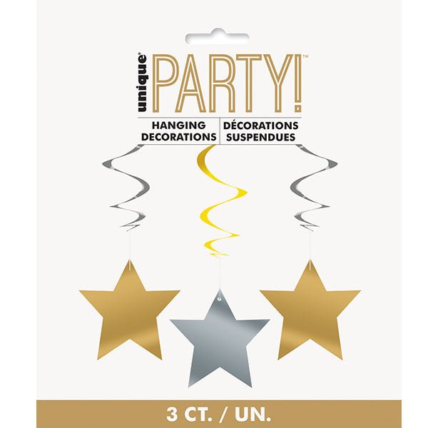 3pk Gold & Silver Stars Swirl Hanging Decorantons - Everything Party