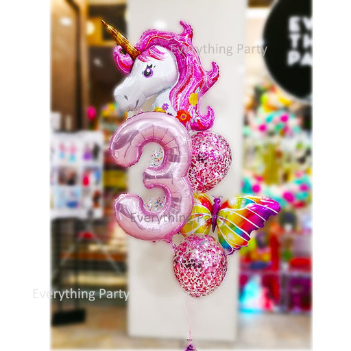 3rd Birthday Unicorn & Butterfly Helium Balloon Bouquet - Everything Party