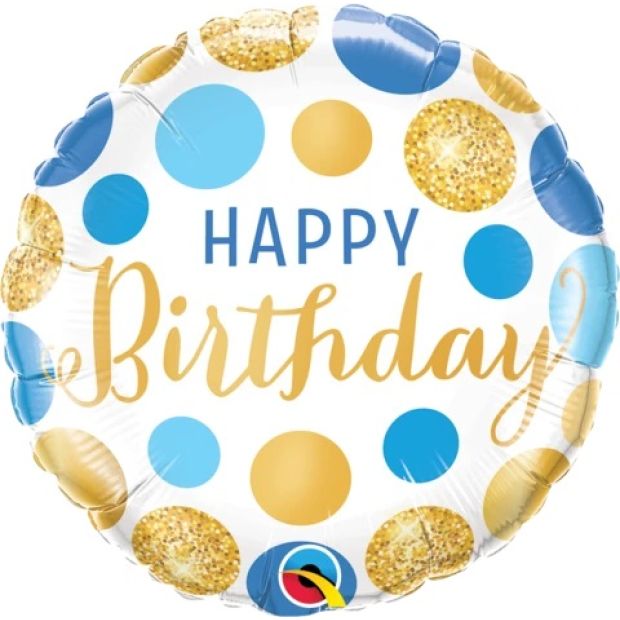 45cm Qualatex Foil Happy Birthday Blue & Gold Dots Balloon - Everything Party