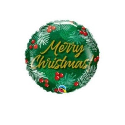 45cm Qualatex Foil Round Christmas Green & Berries Balloon - Everything Party